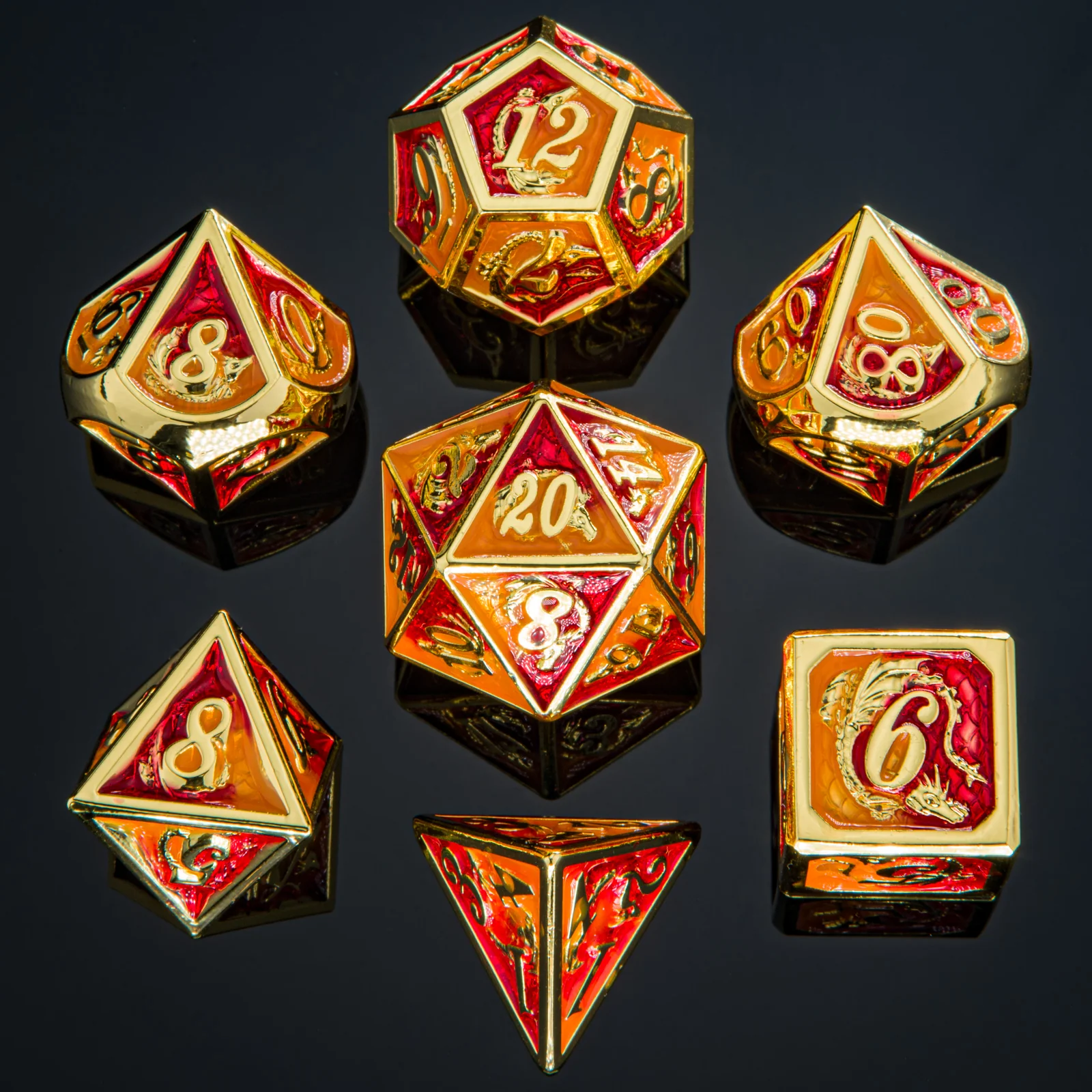 Solid Metal Dragon Polyhedral Dice Set - Gold with Red and Orange