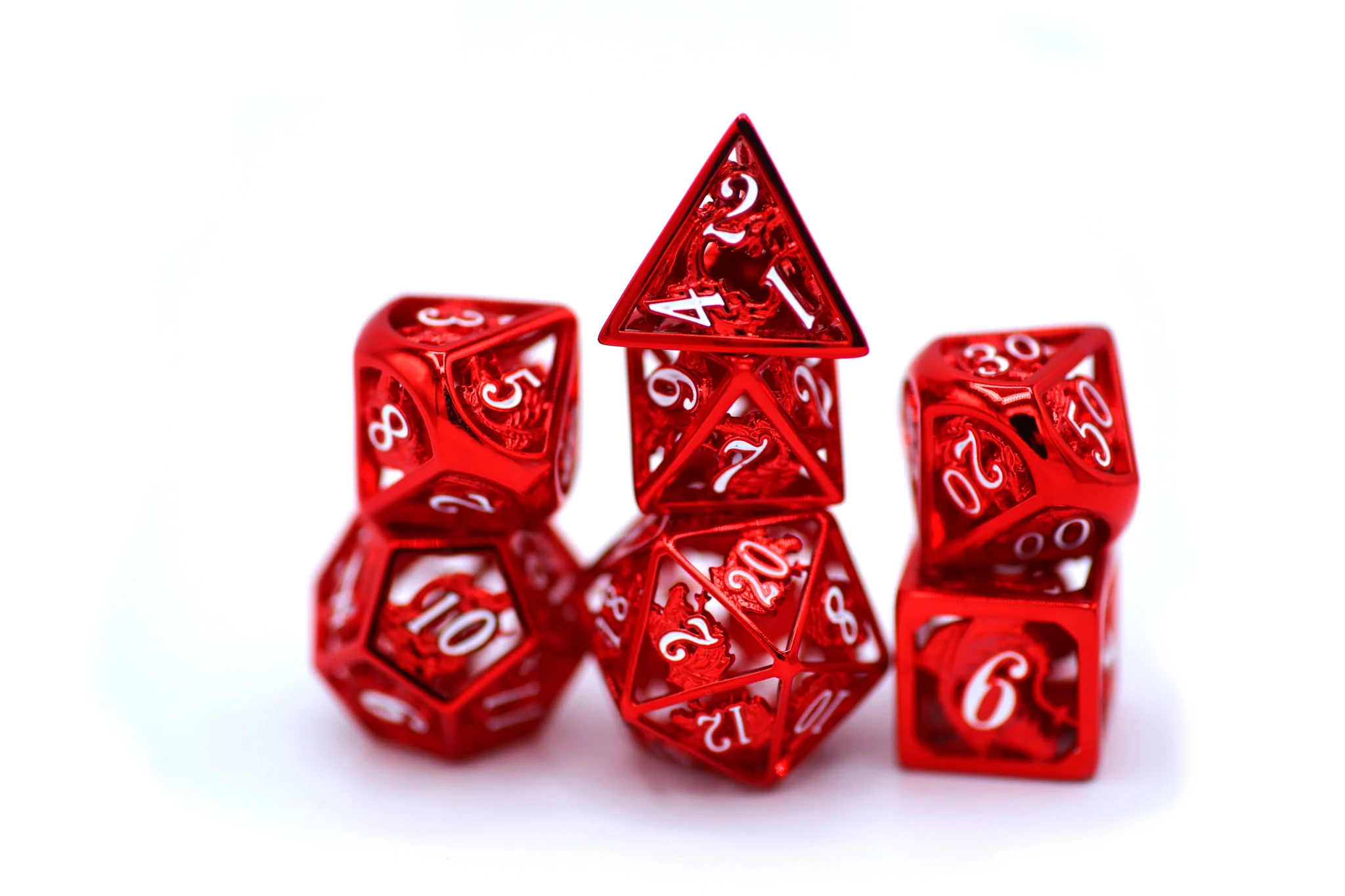 Red with White Enamel Hollow Metal Dragon Polyhedral Dice Set
