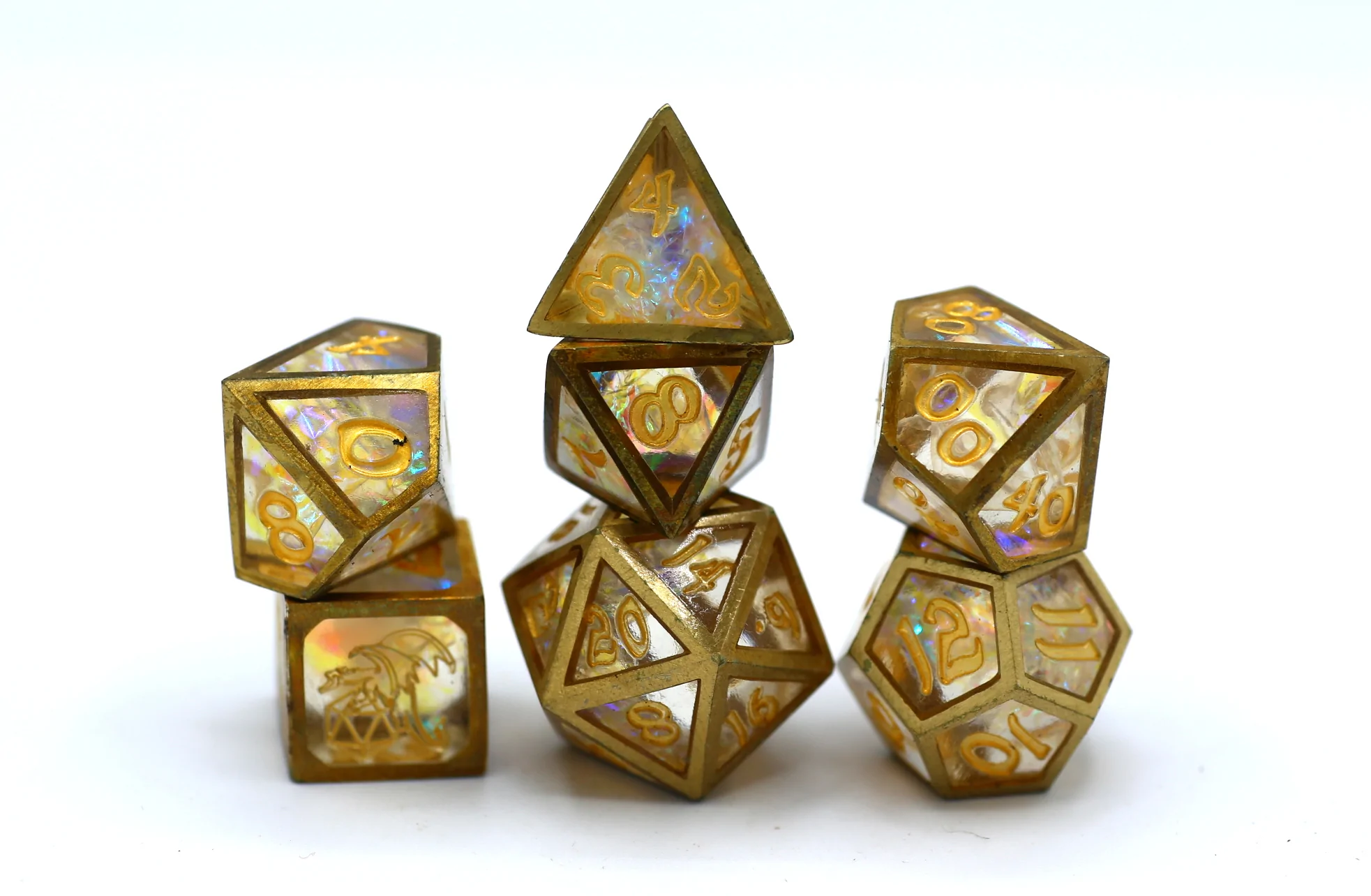 Caged Resin Dice set - Opal with Brass Frame
