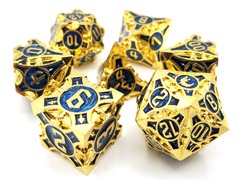Old School 7 Piece DnD RPG Metal Dice Set: Gnome Forged - Gold w/ Blue