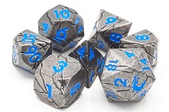 Old School 7 Piece DnD RPG Metal Dice Set: Orc Forged - Ancient Silver w/ Blue