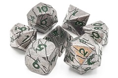 Old School 7 Piece DnD RPG Metal Dice Set: Orc Forged - Ancient Silver w/ Green