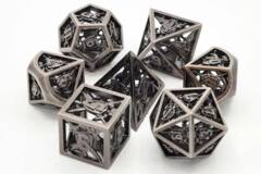 Old School 7 Piece DnD RPG Metal Dice Set: Hollow Sword & Shield Dice - Brushed Silver