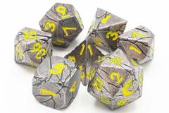 Old School 7 Piece DnD RPG Metal Dice Set: Orc Forged - Ancient Silver w/ Yellow