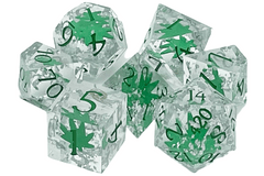 Old School 7 Piece DnD RPG Dice Set: Sharp Edged - It's 4:20 Time - Green w/ Silver
