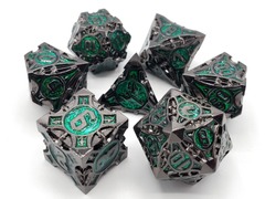 Old School 7 Piece DnD RPG Metal Dice Set: Gnome Forged - Black Nickel w/ Green