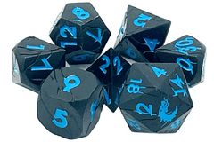 Old School 7 Piece DnD RPG Metal Dice Set: Orc Forged - Matte Black w/ Blue