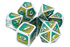 Old School 7 Piece DnD RPG Metal Dice Set: Dragon Scale - Green & Yellow