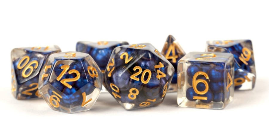 16MM PURPLE AND TEAL WITH BLUE NUMBERS new 7 COUNT DICE POLY SET 