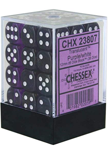 36 Purple w/white Translucent Pipped d6 Dice Block - CHX 23807