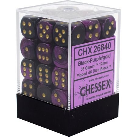 36 Black-Purple/gold Gemini 12mm d6 Dice Block  - CHX26840