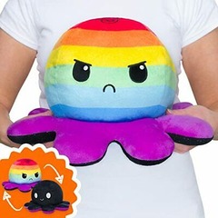 Big Reversible Octopus Plush: Happy Black Sparkle and Angry Rainbow Stripes