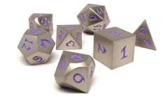Metal Dice of Ancient Dragons - Ancient Silver with Purple Dragon Font