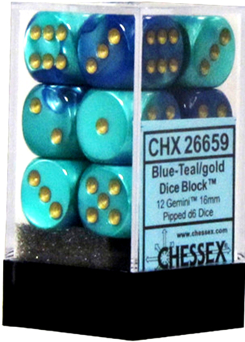 Chessex Dice d6 Sets Gemini Blue & Gold W/ White 16mm Six Sided Die 12 CHX 26622 