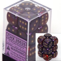 Chessex 26626 Dice d6 Set: Gemini Purple & Red with Gold - 16mm Six Sided Die (12) Block of Dice