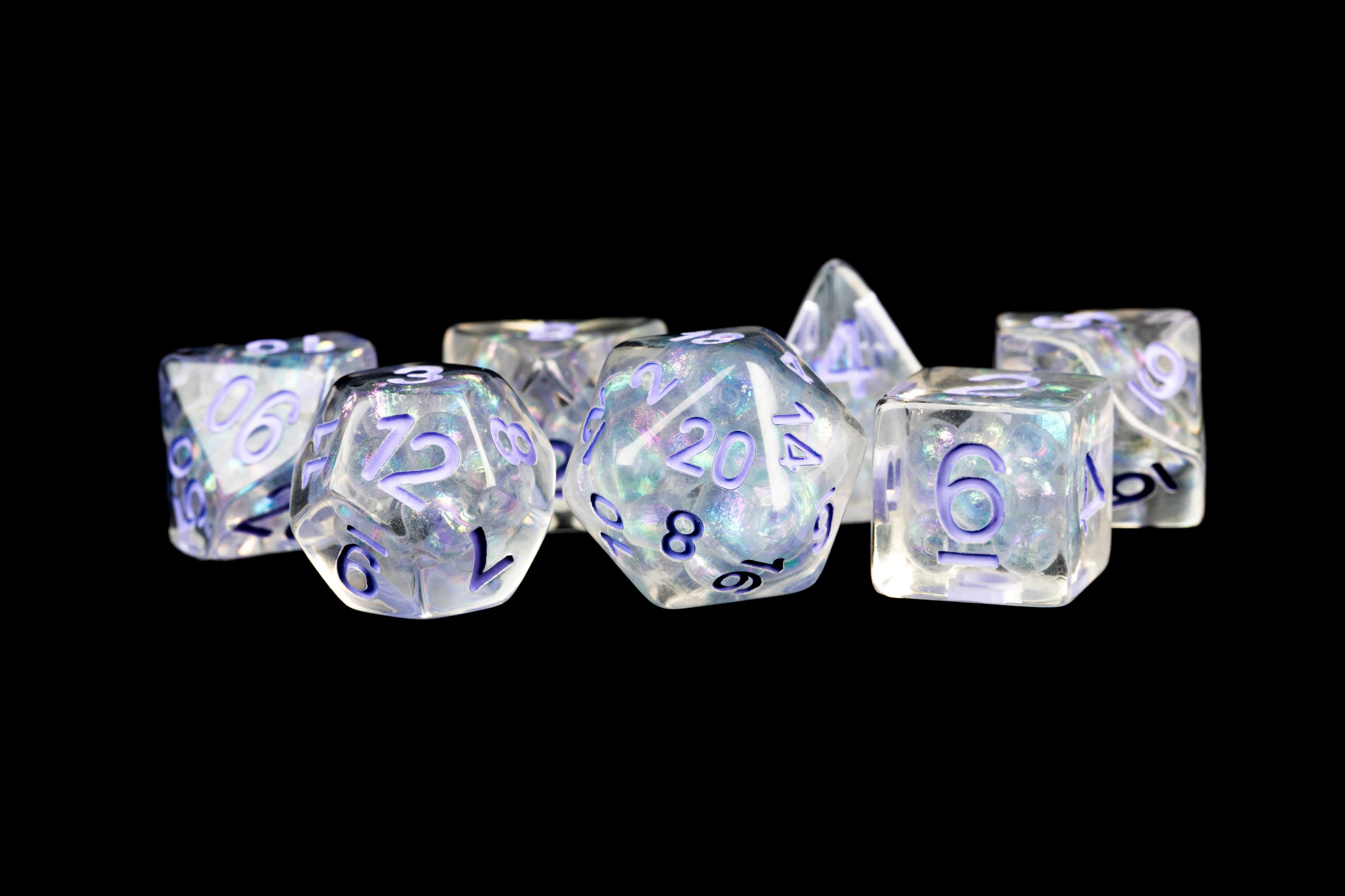 16mm Resin Poly Dice Set: Pearl with Purple Numbers (7)
