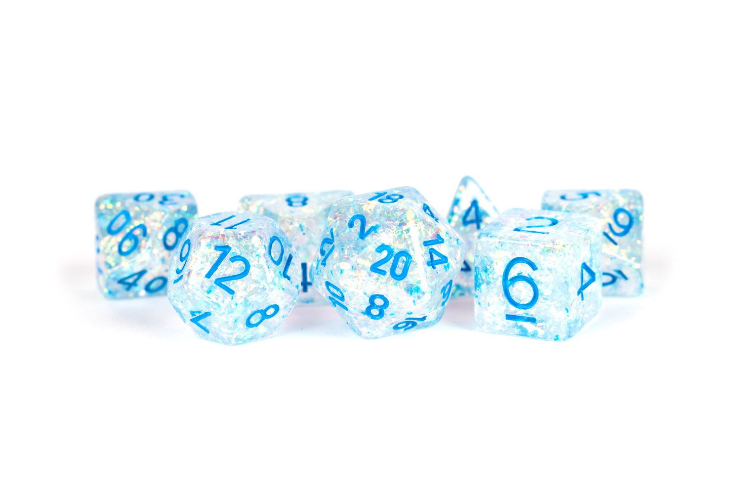 16mm Resin Flash Dice Poly Set: Clear/Light Blue Numbers (7)