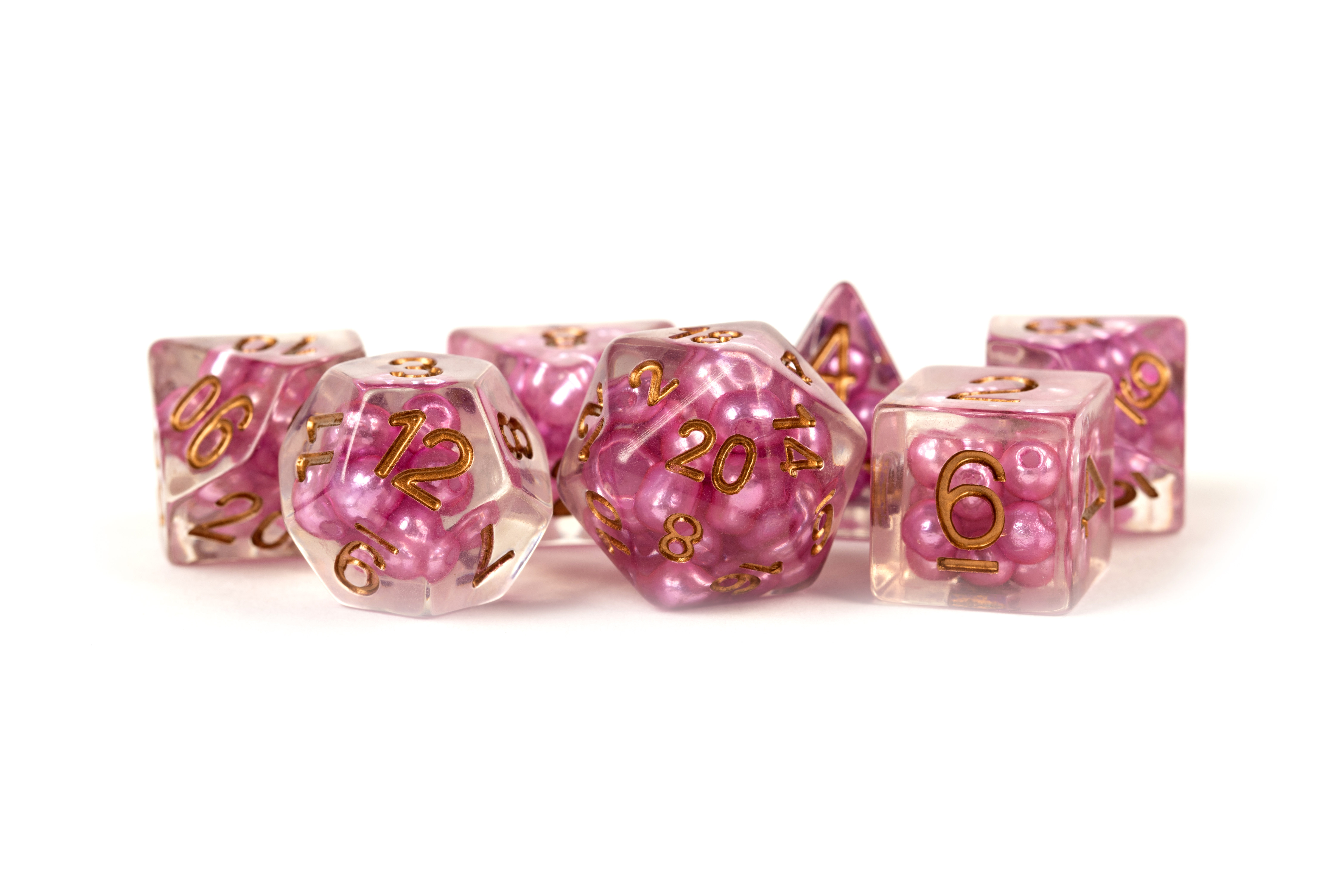 Pearl Resin 16mm Poly Dice Set : Pink /Copper Numbers (7)