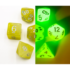 White/Yellow Set of 7 Fusion Glow in Dark Polyhedral Dice with Gold Numbers for D20 based RPG's
