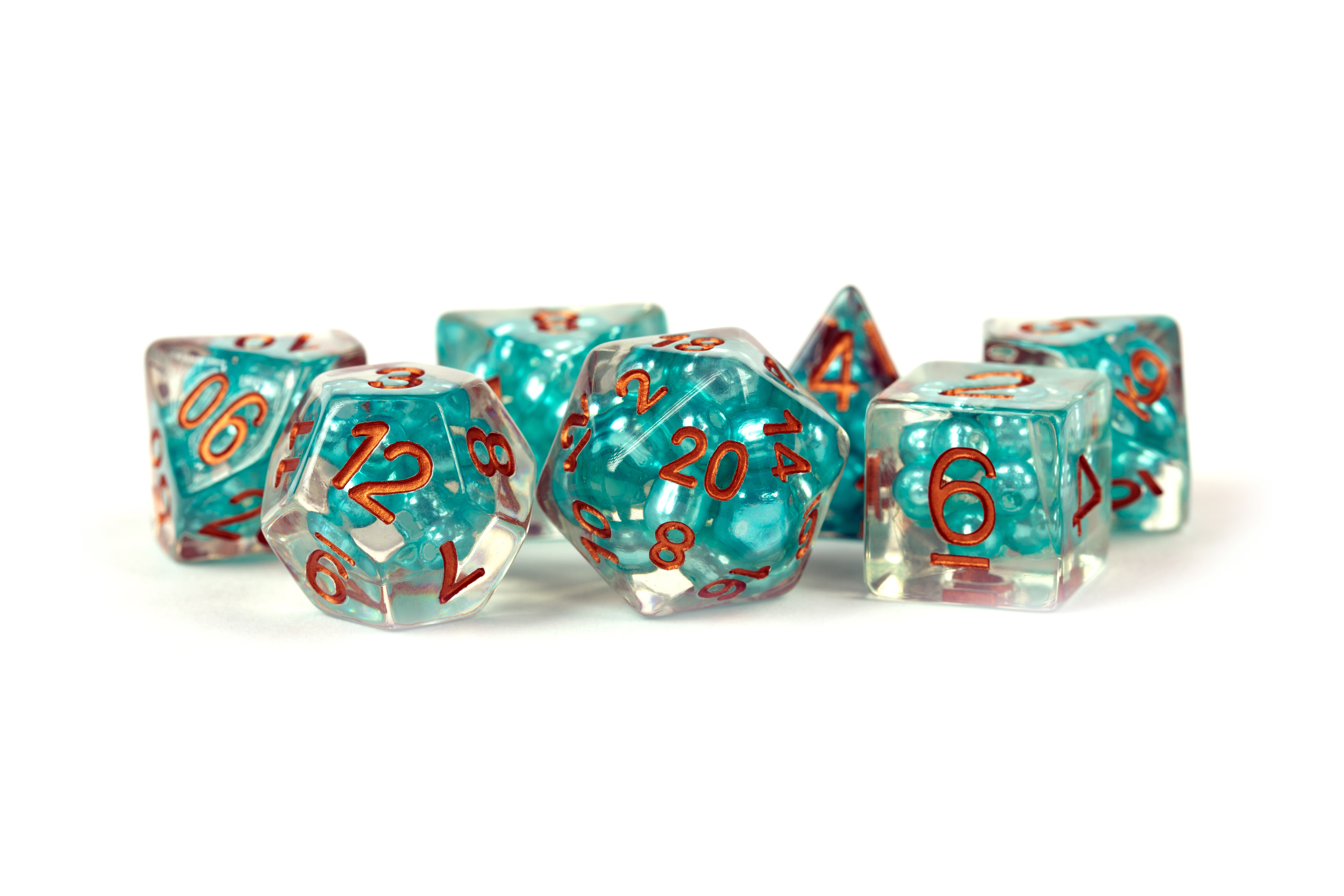 Pearl Resin 16mm Poly Dice Set : Teal /Copper Numbers (7)