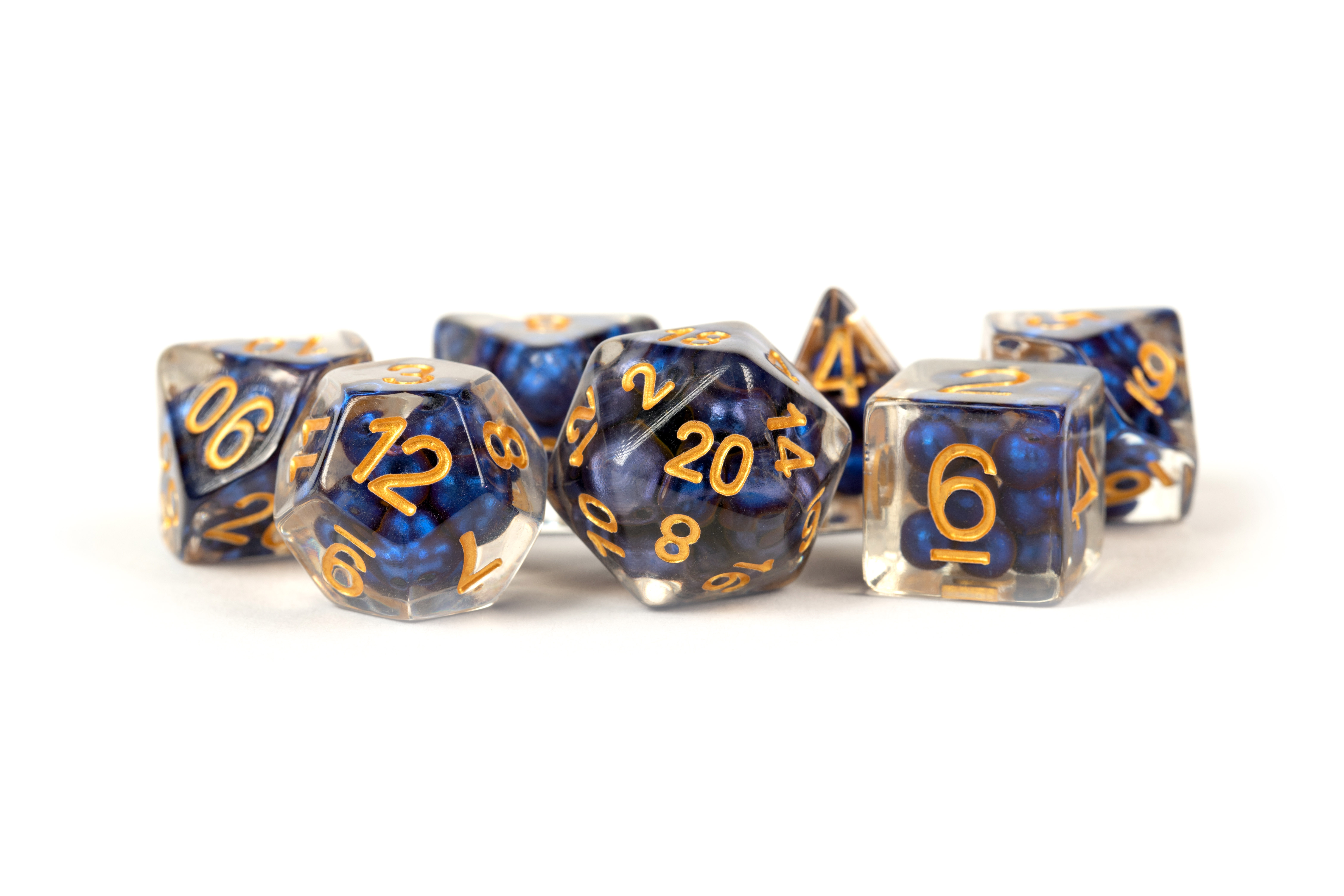 Pearl Resin 16mm Poly Dice Set: Royal Blue/Gold Numbers (7)