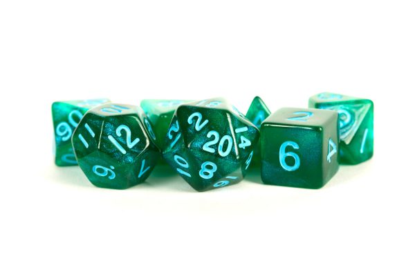 16mm Acrylic Stardust Poly Dice Set: Green/Blue Numbers (7)